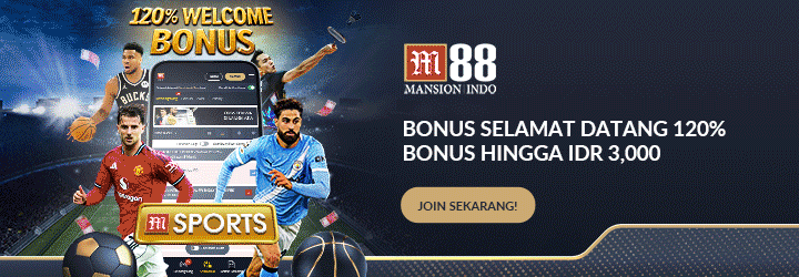 Banner animasi promosi M88 menampilkan bonus selamat datang untuk taruhan olahraga dan kasino